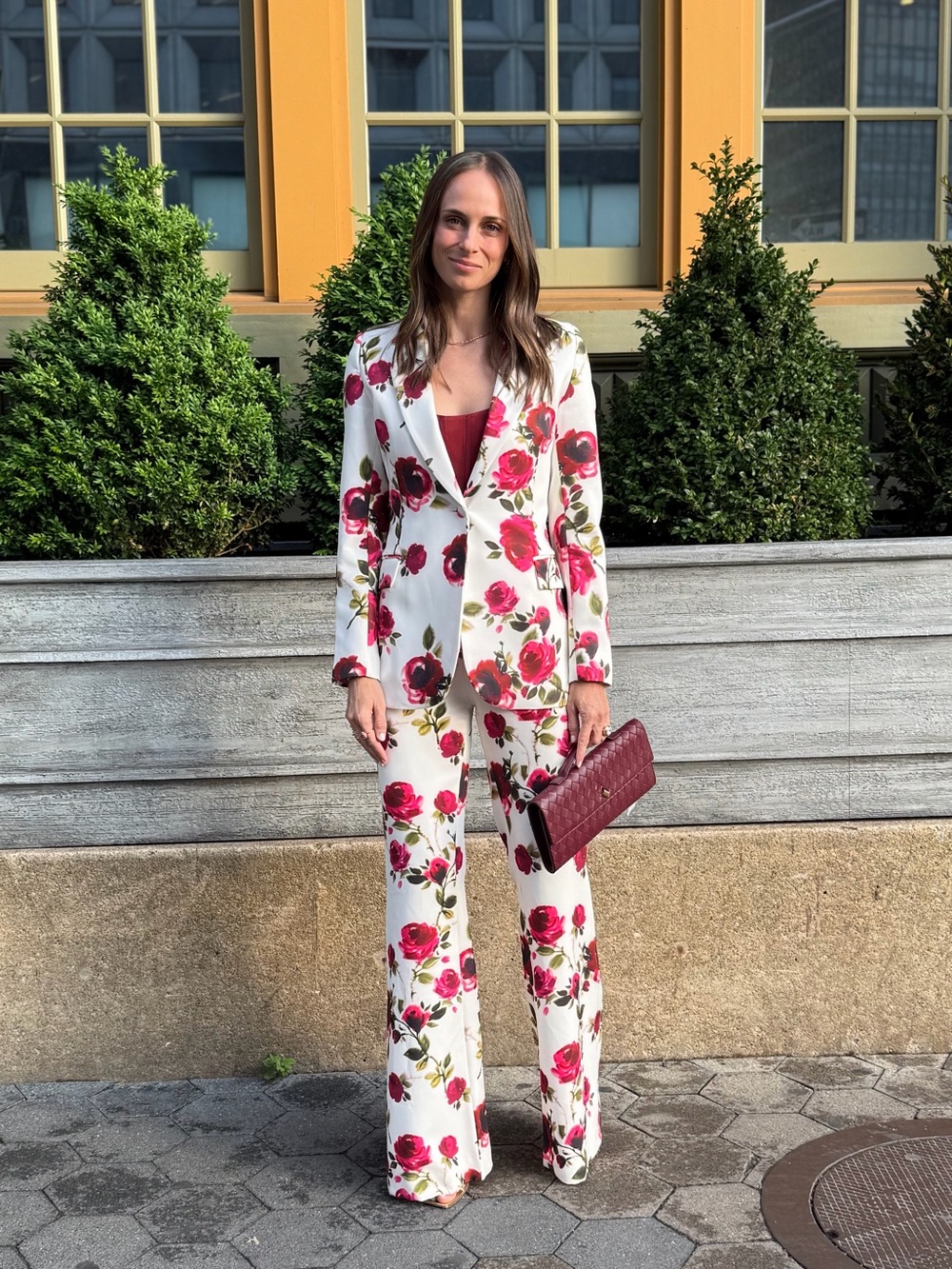 NADINE MERABI White Wide-Leg Floral Pantsuit with Rose Print